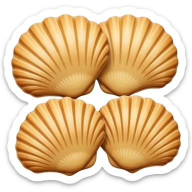 A madeleine pastry. Oval seashell shape with ONLY four to five vertical lines going in the same direction. Light golden brown. Scalloped edge. Cookie. Flat. Long. Oval shape. Lets scallops. sticker