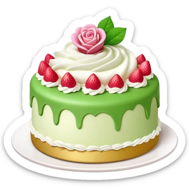 prinsesstårta round cake with green marzipan on top, with a pink marzipan rose on top. Whipped cream, vanilla cream and strawberry jam inside sticker