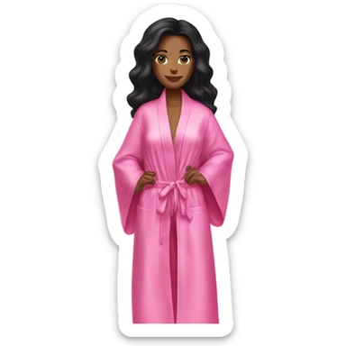 Mixed raced woman with long black hair wearing a silk pink Victoria’s Secret robe sticker