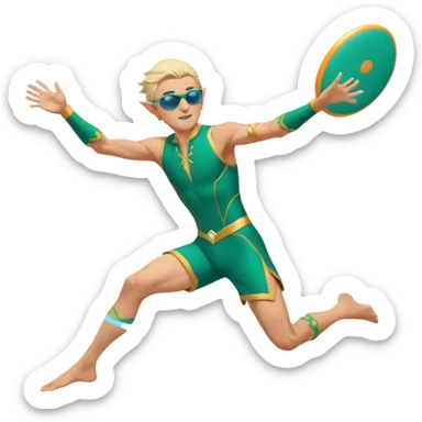 elf male legolas mid-action throw, launching a frisbee woven from pure sunlight, wearing sporty teal swim shorts and performance sunglasses, athletic pose, pointy ears, dynamic motion lines, beach sky backdrop, centered emoji sticker