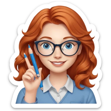 redheaded woman with long wavy hair, blue eyes, cat-eye glasses, casual outfit, holding a pencil, smiling, waving sticker