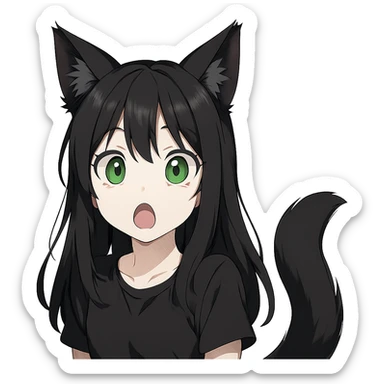 a surprised girl with huge green eyes, black fox ears, and a tail, dark hair sticker