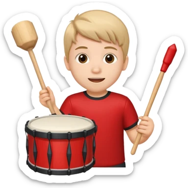 A young boy wearing team colors, banging a small drum excitedly. sticker