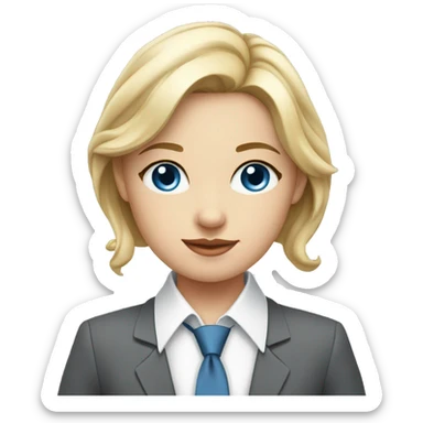 young blonde girl dressed in suit and tie with gray dress blue eyes and white shirt with hands behind her back feeling elegance sticker