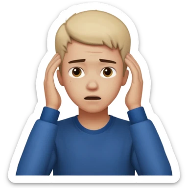 A frustrated young man holding his head, confused expression, dramatic lighting, blurred dark background, cinematic YouTube intro style, ultra-realistic. sticker