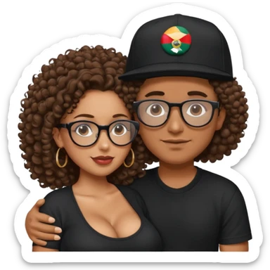 A picture of a tanned couple embracing. the guy is Mexican, with a bald hair cut and he has a SnapBack hat on. The girl is mixed, the girl is wearing a black shirt, the girl has brown curly big hair and the girl has big boobs and the girl wears glasses but the man doesn't  sticker