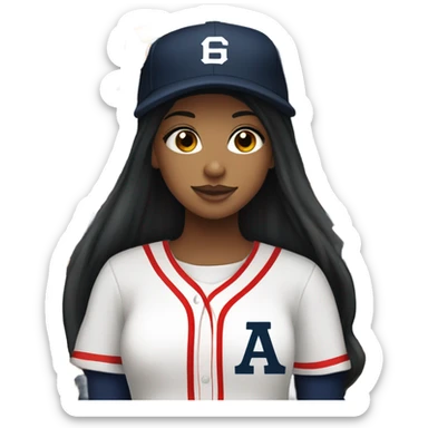 Black long hair girl wearing navy ballcap emblazoned with a red G initial and wearing baseball uniform sticker