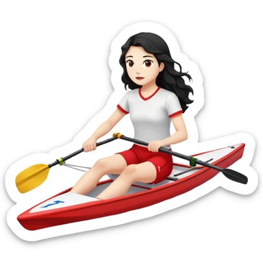 girl with long black wavy hair, white skin, wearing red shorts and white short-sleeve t-shirt, sitting in a long and thin racing boat suitable for Olympic rowing, rowing, boat and girl facing right in profile sticker