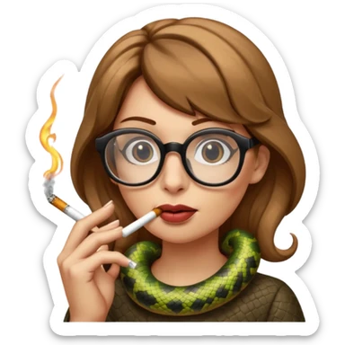 can you create a sneaky SNAKE with big glasses smoking a cigarrette - with light brown hair, with hands on her chin as if she's innocent but with a bitchy look in her eyes and cigarrette in the mouth - the emoji itself is a snake with all these characteristics sticker