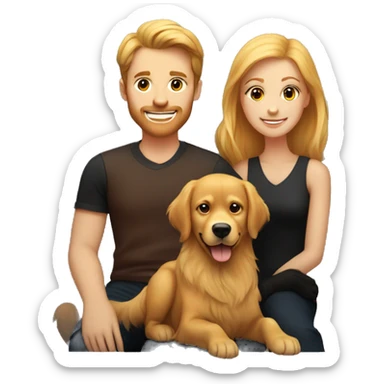 Family portrait with a smiling blonde woman,  red-haired man,  golden retriever sitting beside them, and  black cat sitting in front. sticker