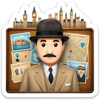 Icon for Detective Movies: A colorful collage with Hercule Poirot and mysterious city backdrop. Include a board with photos of suspects, clues like fingerprints and a crime scene. Retro movie poster style. Transparent background. sticker