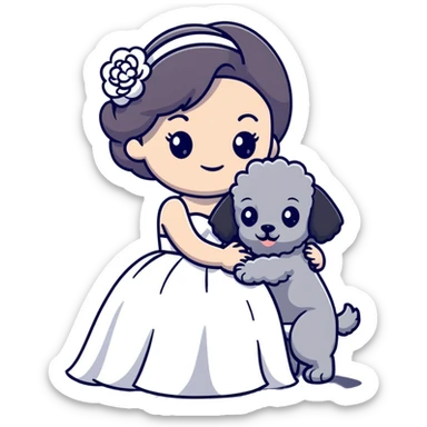 beautiful girl in a wedding dress hugging a small gray poodle sticker