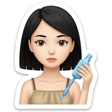White girl with black hair in beige dress getting a face cleaning  sticker