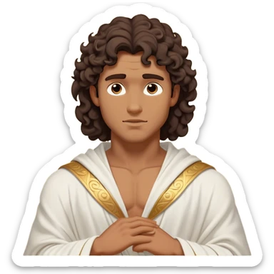 Cinematic Realistic Hercules Portrait, depicted as a classical Greek hero inspired by the Disney version yet echoing the refined proportions and serene dignity of Michelangelo's David. His idealized, tan skin glows with timeless strength, and his thick, curly wavy dark brownhair falls in natural, sculpted curls. Draped in a flowing white robe with delicate golden accents, his expressive eyes radiate determined nobility, all rendered under dynamic natural lighting with a mythic, radiant glow. sticker