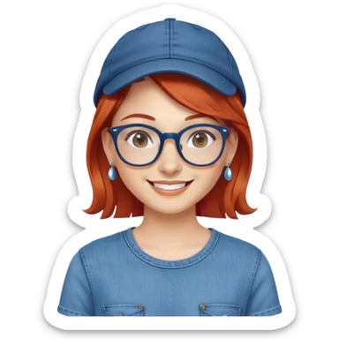 jovem de cabelos ruivos, oculos, brincos e um sorriso maravilhoso. A roupa deve ser em azul, calça jeans e boné sticker