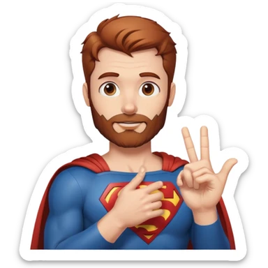 Adult Superman with redish brownish hair and full scruffy beard demonstrating hand heart  sticker