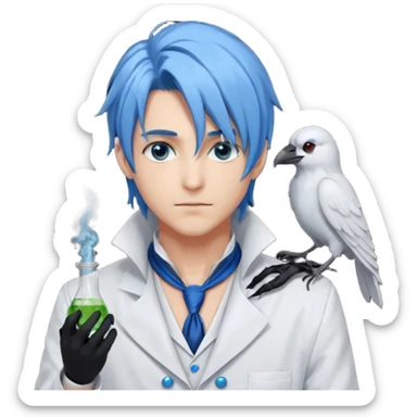 Alchemist handsome anime man with light-blue beautiful hair, handsome sexy, long hair tendril bangs down on the sides, white lab coat, blue cravat, black feathers on shoulder, raven companion, black gloves, red eyes sticker