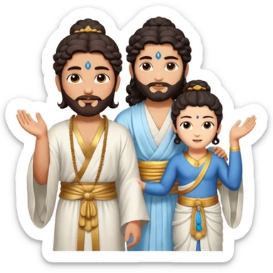 Create a Jesus - long wavy dark-brown hair, short beard, wearing a simple white robe., Krishna- blue skin with dark curled hair , and Buddha standing together. Buddha: warm golden or light tan skin, dark curled hair with a traditional top bun (ushnisha)

 sticker