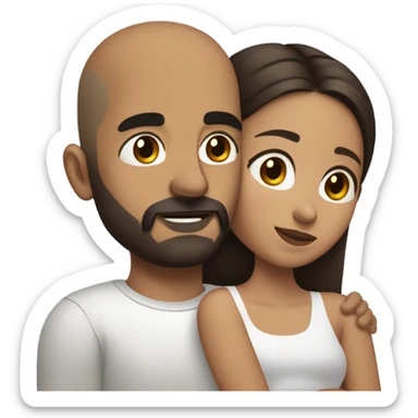 Comforting hug from brunette Puerto Rican with dark brown eyes to short, bald man with brown eyes and a beard sticker