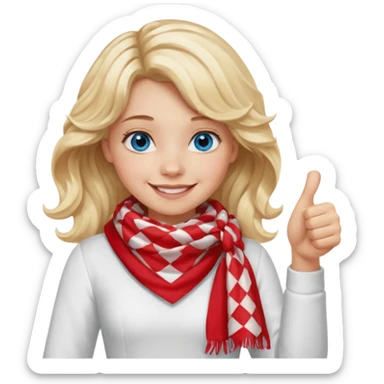 Blonde Girl, Blue Eyes, wavy hair, smiling, thumbs up, wearing red Checkered Triangle scarf, white dress sticker