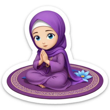 Turkish beautiful finish Konya girl blue eyes with purple flower hijab long tail dress and sits on the pray mat namaz on the ground with Islamic dua  sticker