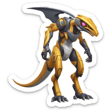 Colorful Edgy Greymon-Velociraptor-Genesect-Fakémon-Pokémon wearing a with a futuristic visor-helmet And Mecha-suit Full Body sticker