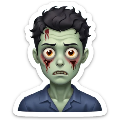 Make a handsome zombie boy with wavy black hair, with the waves showing behind his neck like long hair, the hair touching his forehead just above the eyebrows, with tired, slanted eyes, a thick eyebrow, and a closed mouth like the iPhone emoji. sticker