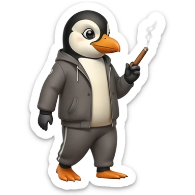friendly anthropomorphised penguin wearing a mafia-style tracksuit, holding a cigar, secretive scheming pose, angry expression, walking with determined stride sticker