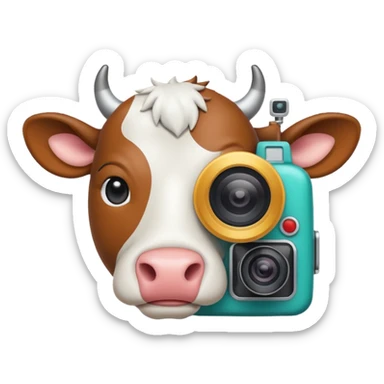 Emoji-style icon of a cow and buffalo with a camera or scan frame, representing image upload for breed detection. Simple, friendly, rounded design, clear at small sizes, teal and white accents, no text, transparent background. sticker