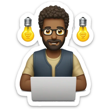 A man with with beard working on a laptop with a lightbulb above his head sticker