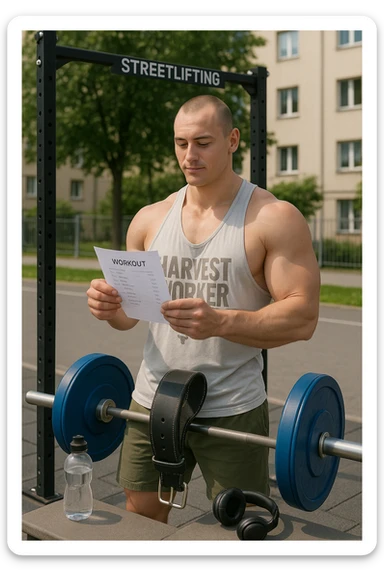 un uomo prepara con cura il suo set di pesi e la cintura per streetlifting, controllando una lista di esercizi e ripetizioni scritta su un foglio. Accanto a lui, una borraccia e delle cuffie. L’espressione è serena e sicura, a sottolineare l’importanza della programmazione per un allenamento efficace. Lo sfondo è un’area fitness urbana, pulita e ben attrezzata. sticker