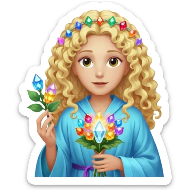 a being made of light pleidian nordic long faces and curly blond hair but beautiful features of light with a robe on made of light and who is lanky holding a bouquet of crystal flowers on rainbow fire sticker