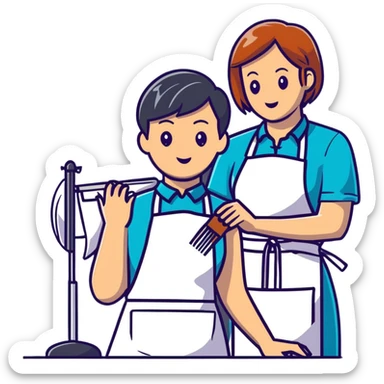 stylist with apron demonstrating haircut on mannequin to student sticker