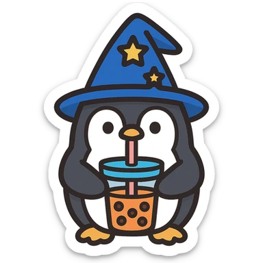 wizard penguin sipping a boba drink, icon style, soft shading, cute and friendly sticker