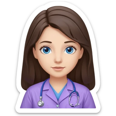 pretty brunette nurse with long hair and blue eyes in lilac scrubs sticker