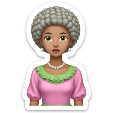 Pretty Brown woman with a very very short stylish gray Afro  wearing pink and green dress  and pearl blouse with sleeves sticker