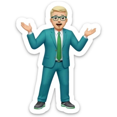 Full Body plus size white male yelling basketball team manager with glasses blondish gray short hair with a goatee wearing blue and green suit sticker