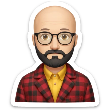 Un profesor calvo, que tenga barba abundante de color negro, lleva gafas con el cristal de color amarillo y un abrigo de cuadros rojo sticker