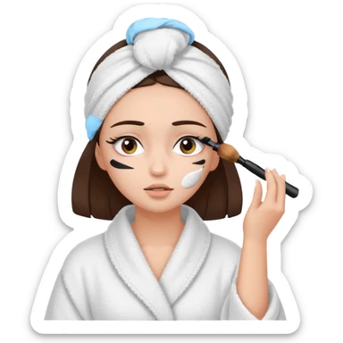 Girl with brown hair in white dressing gown and white towel wrapped in her head doing her makeup. Eyes closed white dark hair and towel wrapped differently doing mascara sticker