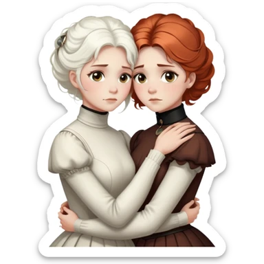 two Victorian women with light eyes, one with bright white coiffed hair and one with dark copper coiffed hair, wearing Victorian turtleneck dresses, embracing in a sad, intimate hug sticker