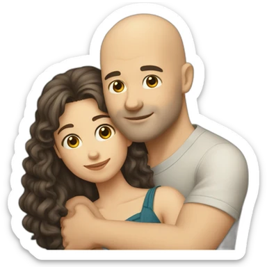 caucasian bald man and a caucasian woman with long curly dark hair and bangs hugging sticker