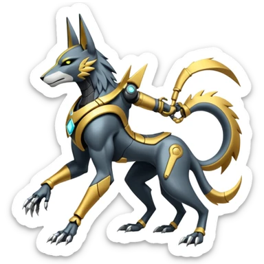 White and gold cyberpunk intricate neon glowing grey white futuristic cyborg-Anubis-Zeraora-Zoroark-fusion (full body) sticker