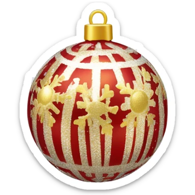 Create a smiley face of a Christmas tree toy in the form of a ball with patterns of snowflakes or stripes. The color of the ball is gold, red or silver to match the Christmas theme sticker