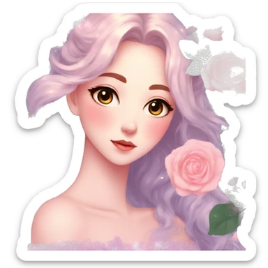 Gorgeous pastel anime style lady with blushing face and roses leaves glitter sparkle aesthetic trending style sticker