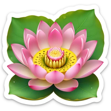 Simple pink lotus flower with accurate yellow seedpod center with distinct holes for seeds, surrounded by pink petals and characteristic notched lotus leaf sticker