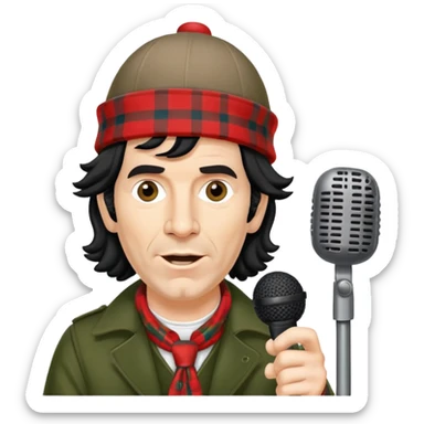 Nardwuar with his iconic tam o' shanter hat and microphone sticker