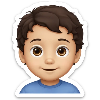 close-up of round smiling toddler boy face only with big eyes, medium skin tone, dark wavy hair, no neck visible, just the face sticker