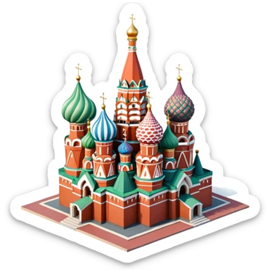 Isometric illustration of Moscow, featuring photorealistic Saint Basil's Cathedral with colorful onion domes, hand-drawn painterly details, subtle texture on bricks and roofs, realistic shadows and soft lighting, muted yet vivid color palette, diorama miniature effect. sticker