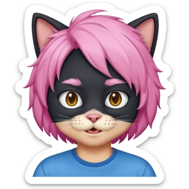 Black cat wearing a male pink hair wig, blue T-shirt sticker