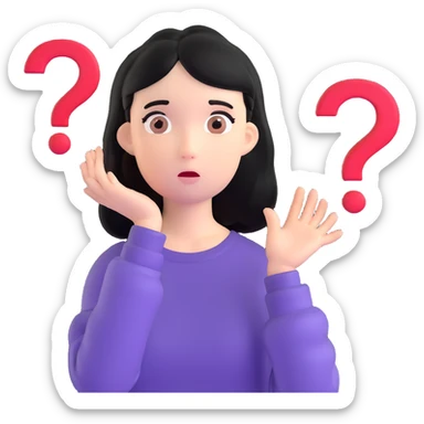 black-haired girl with a confused face, large question marks beside her sticker